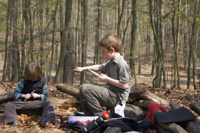 Zwei Kinder sitzen im Wald und Schnitzen.